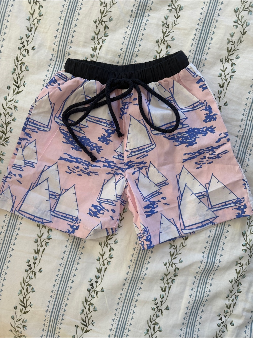 Kids Pink Sailboat Swim Trunks with Black Waistband
